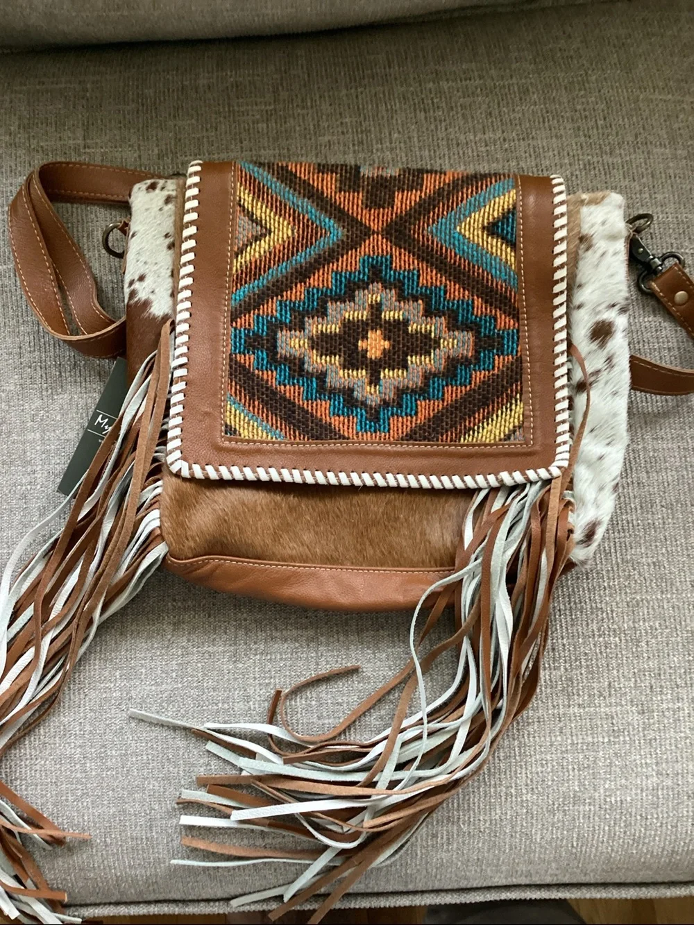 Myra Bag Boho Chic Style Leather & Hairon Bag Fringed Aztec Weaved Upcycled